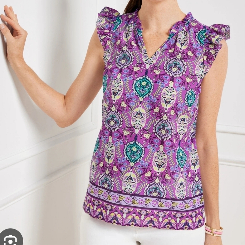 Talbots Ruffle Trim Medallion Shell Top sz L Magenta Rose Multi Chic Coastal Fem